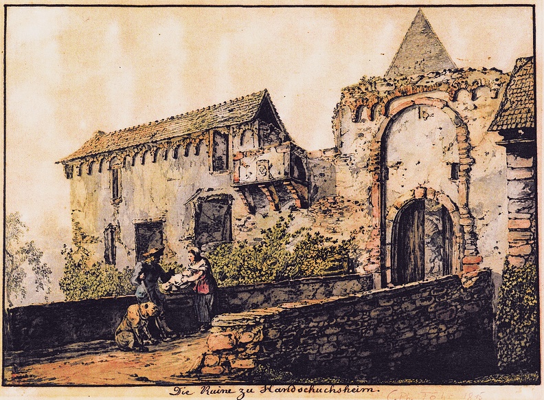 Carl Phillip Fohr, 1815, Die Ruine zu Handschuchsheim, Tusche aquarelliert. Romantische dörfliche Szene auf der Tiefburgbrücke
Privatbesitz Bild1761.jpg