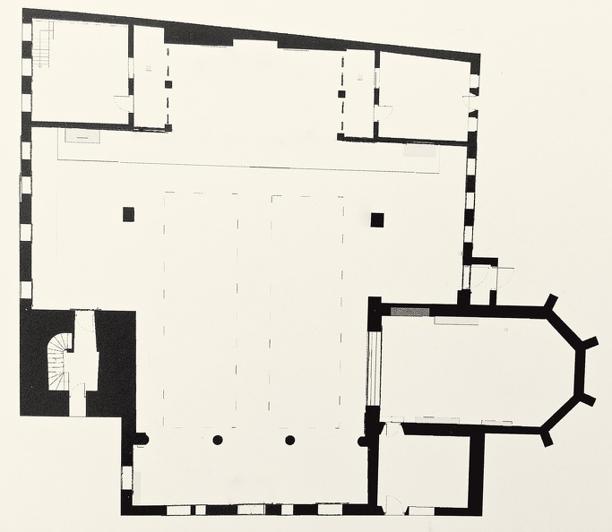 Der Grundriss der Kirche nach der Erweiterung 1933. Wenn man den alten Chor, die Nebenräume und den Turm nicht berücksichtigt, lässt sich unschwer das Längs- und Querschiff als Kreuzform erkennen. Bild2497.jpg